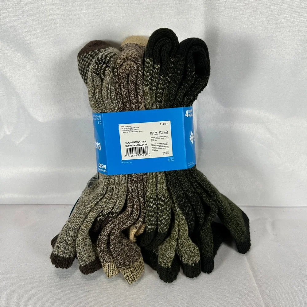 Columbia Mens Crew Socks 4 Pack Brown Green Khaki Shoe Size 6-12 RCS022MMEAS54PR